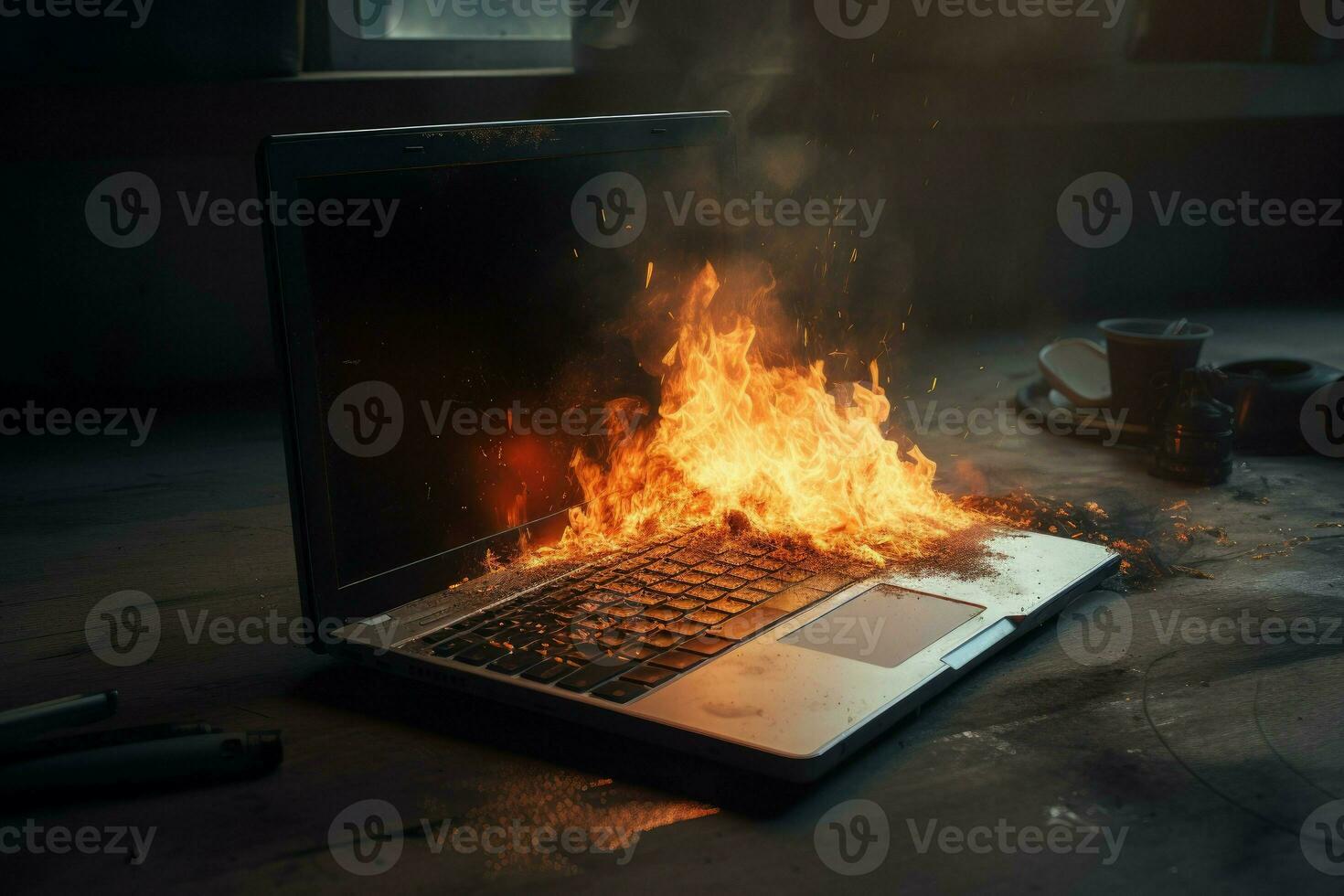 Burning laptop table flame. Generate Ai photo