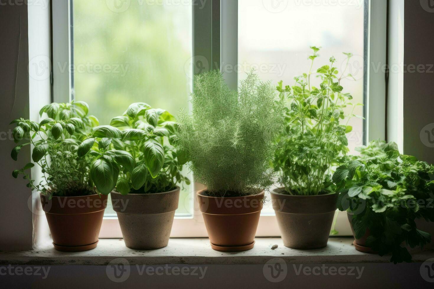 Aromatic potted herbs on window. Generate Ai photo