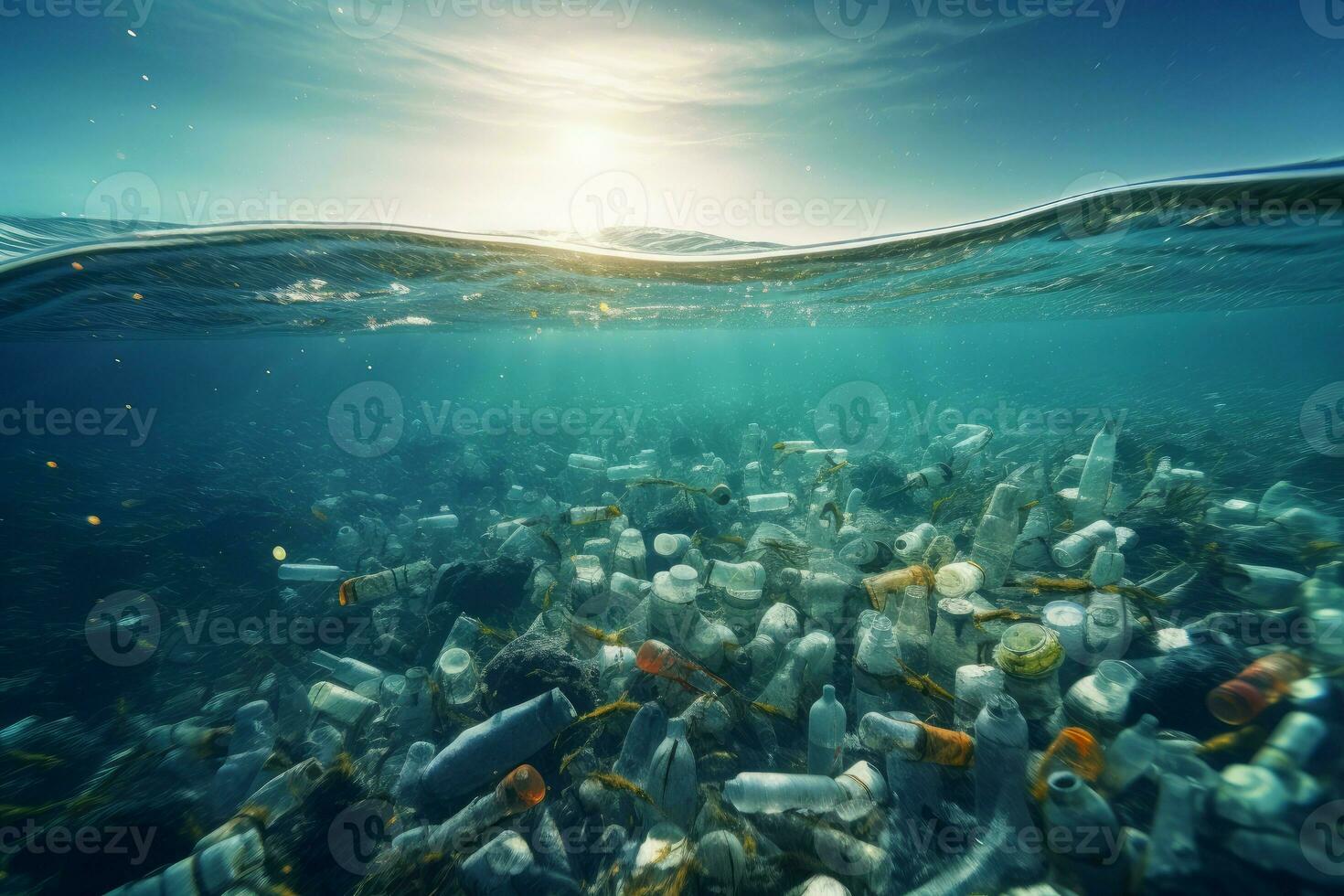 Plastic water bottles ocean underwater. Generate Ai photo