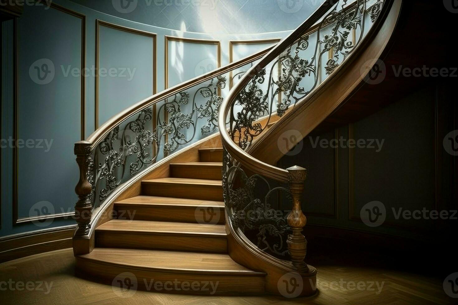 Wood staircase floor modern. Generate Ai photo