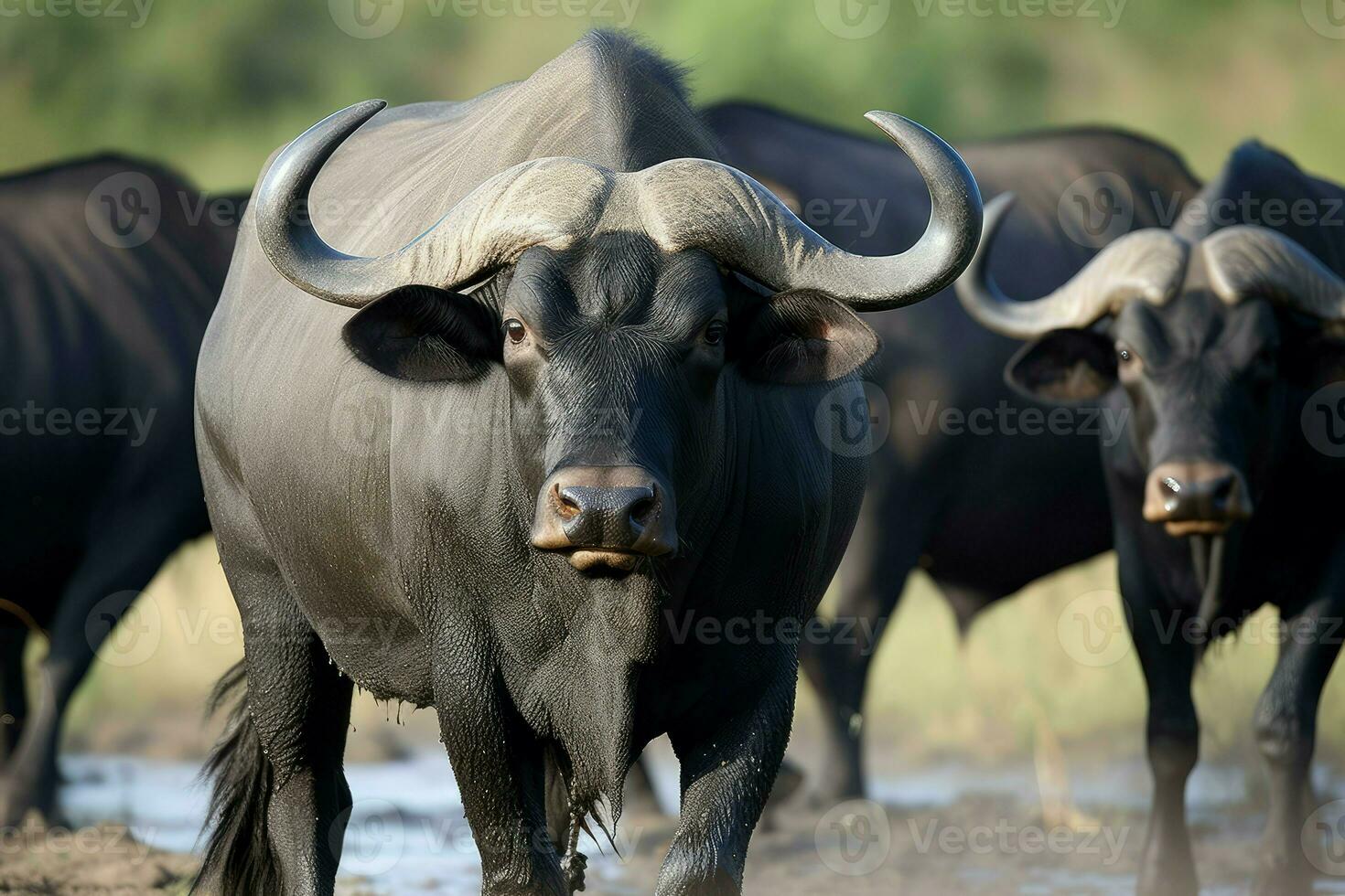 African buffalo near river. Generate Ai photo