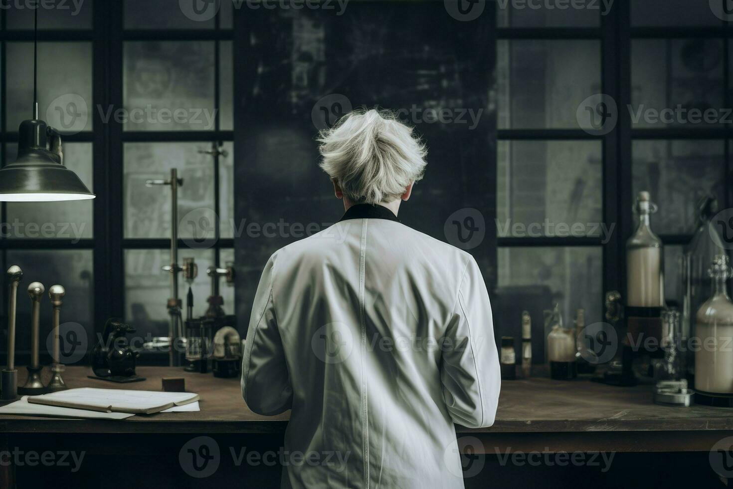 Scientist with white hairs physics office. Generate Ai photo