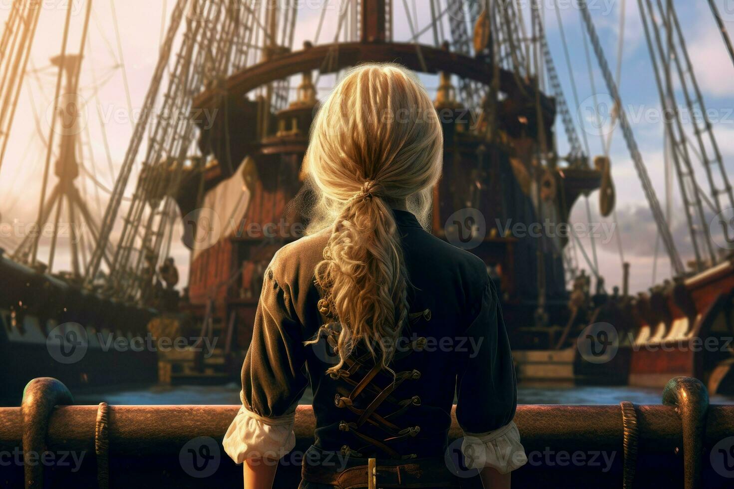 Ship captain child girl. Generate Ai photo