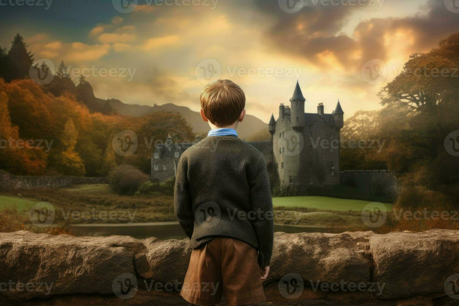 Scot child scottish castle. Generate Ai photo