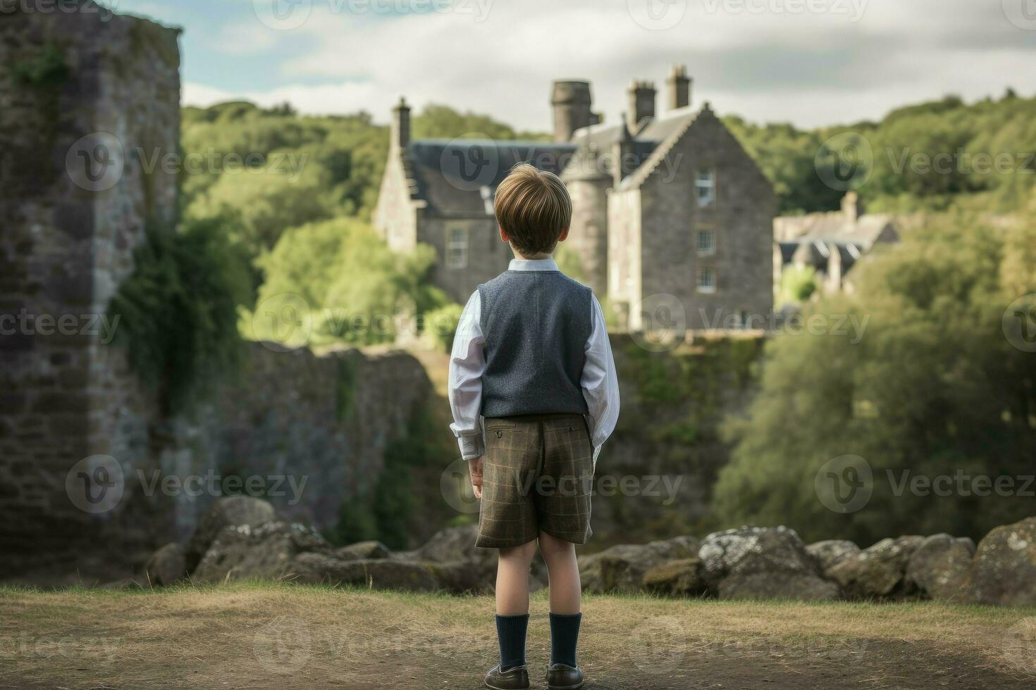 Scot child boy scottish castle. Generate Ai photo