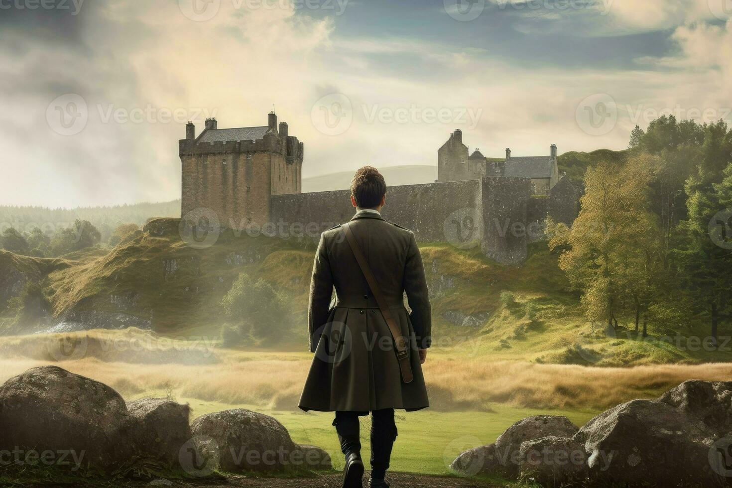 Scot man scottish castle. Generate Ai photo