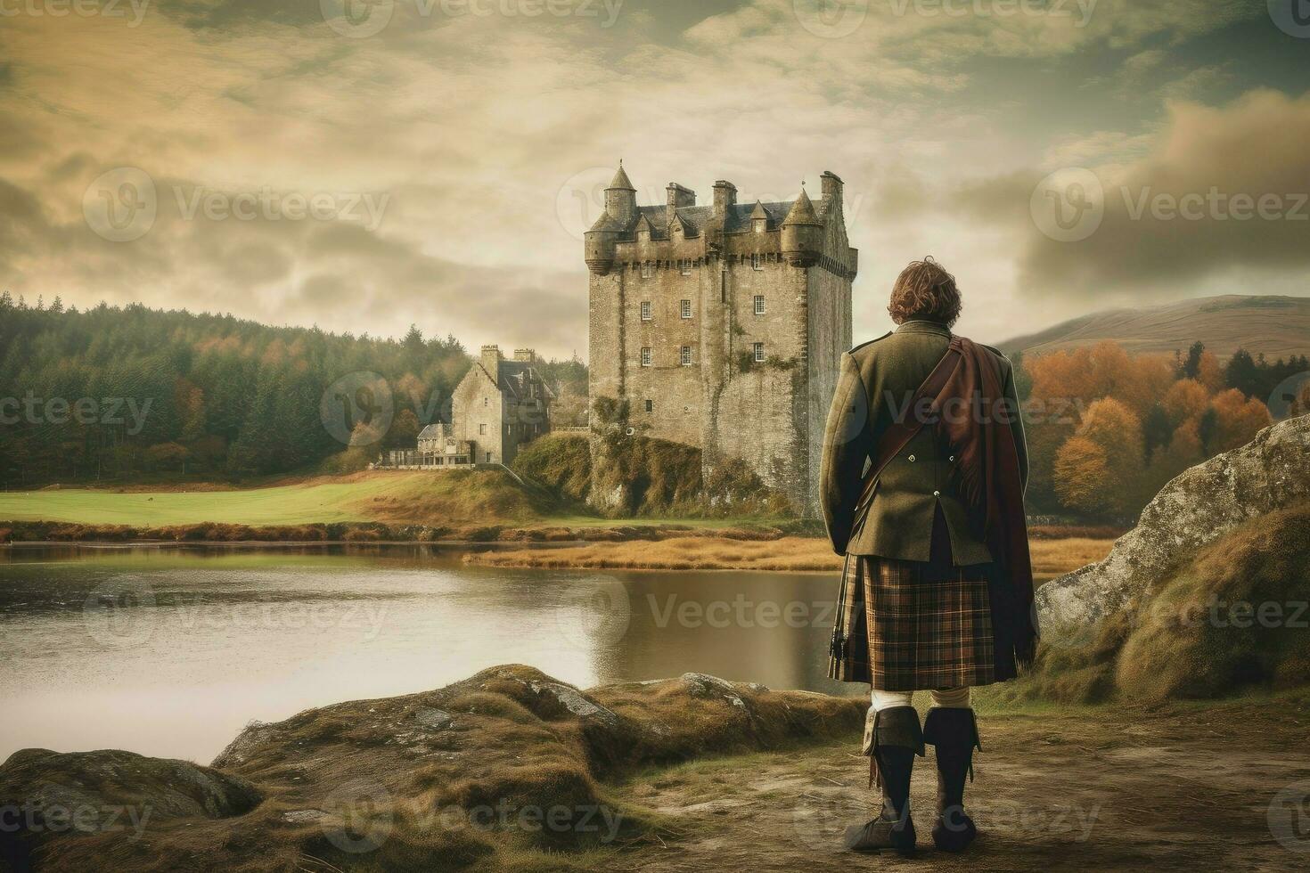 Scot man near lake scottish castle. Generate Ai photo