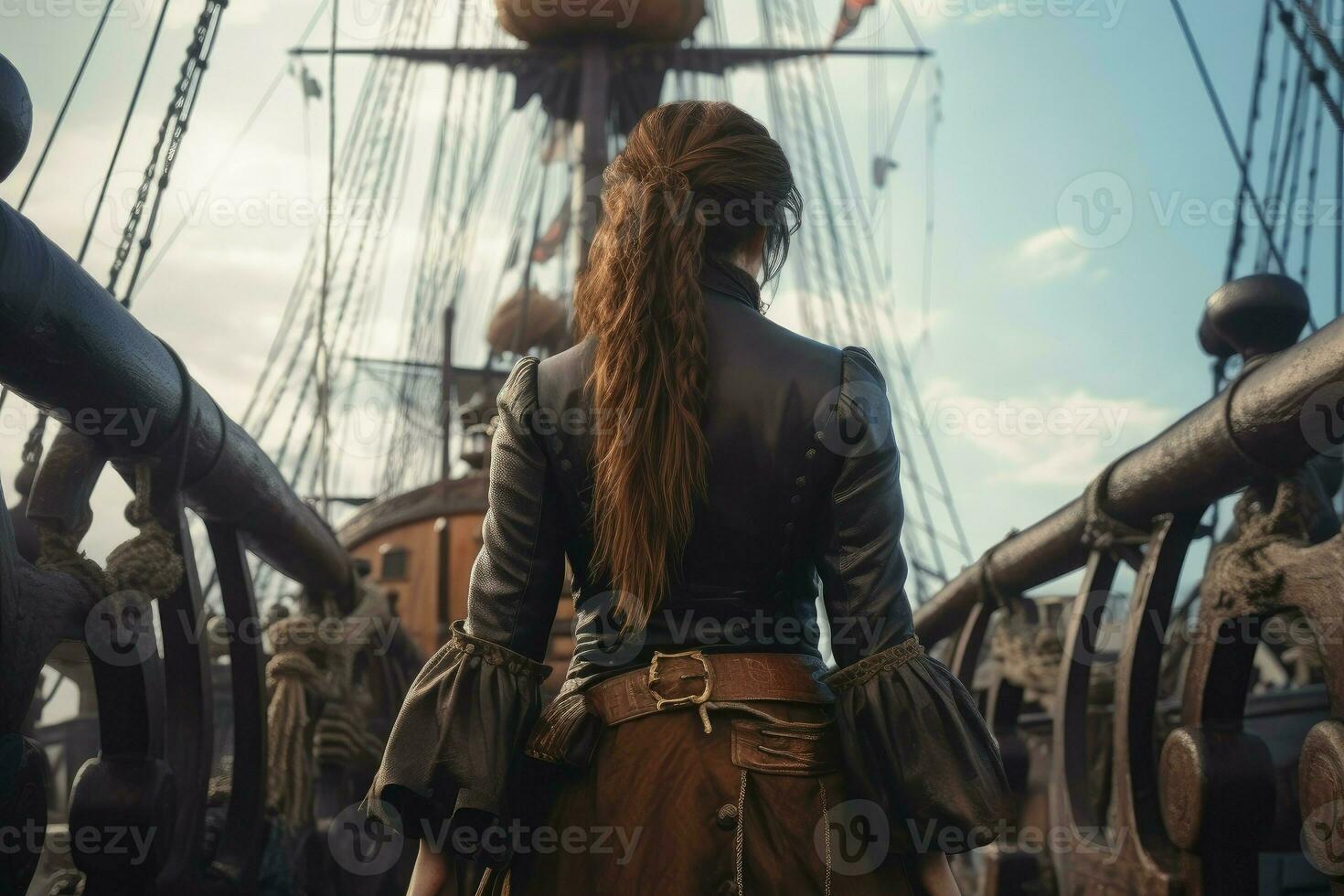 Pirate woman captain aboard pirate ship. Generate Ai photo