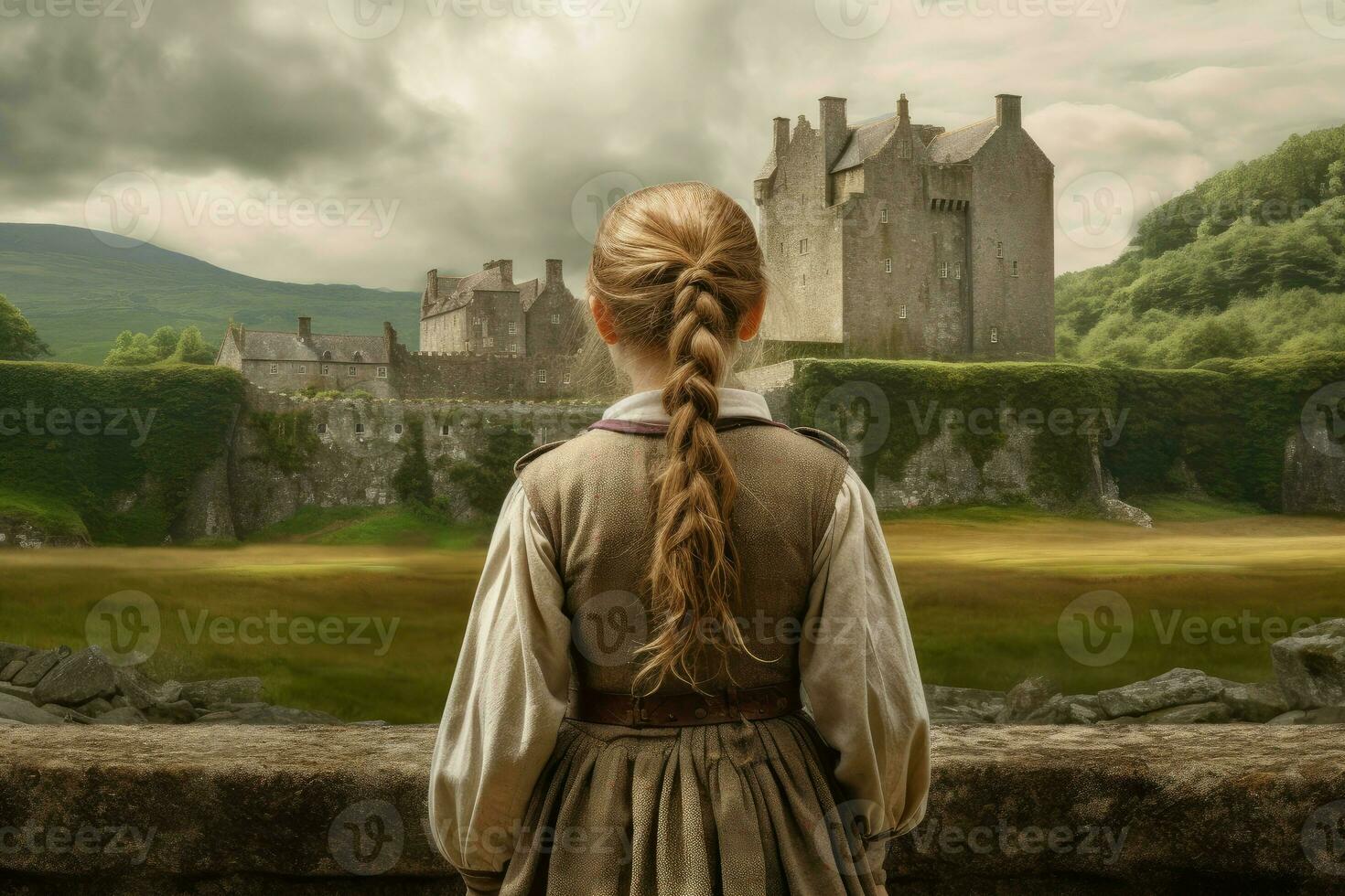 Scot child girl scottish castle. Generate Ai photo