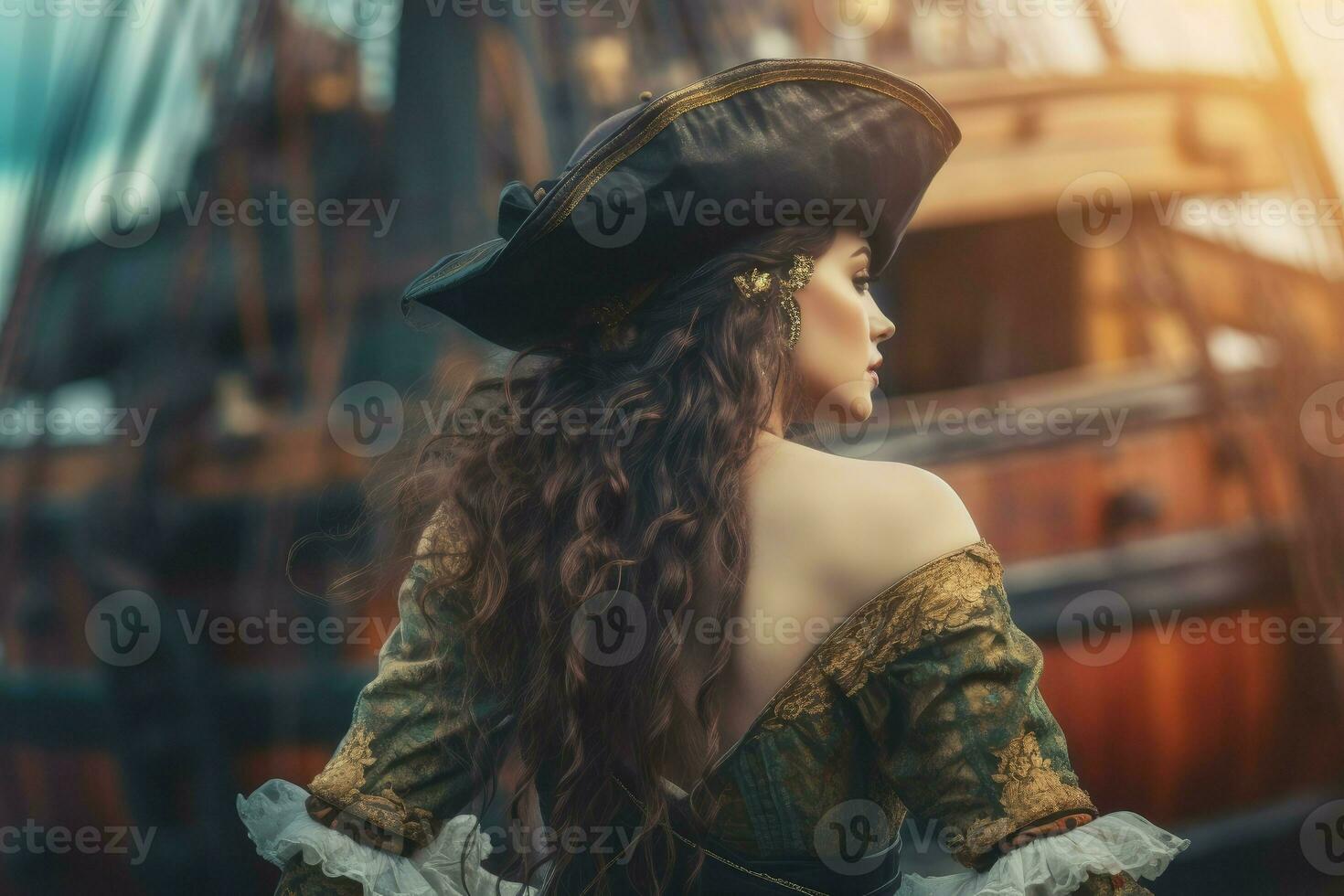 Pirate cute woman aboard pirate ship. Generate Ai photo