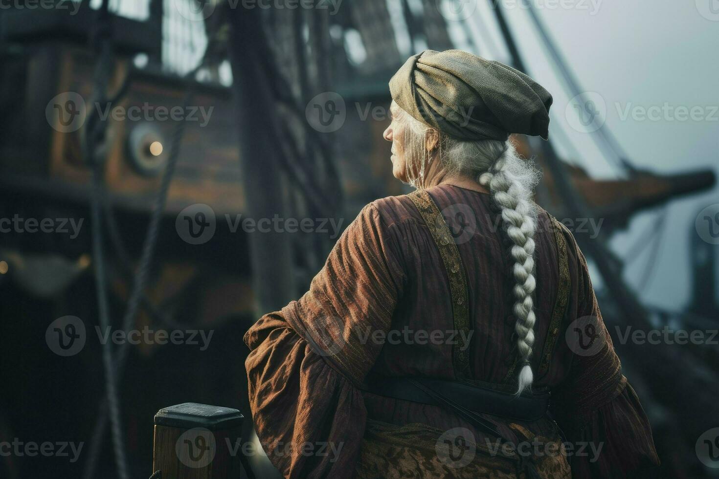 Pirate old woman aboard pirate ship. Generate Ai photo