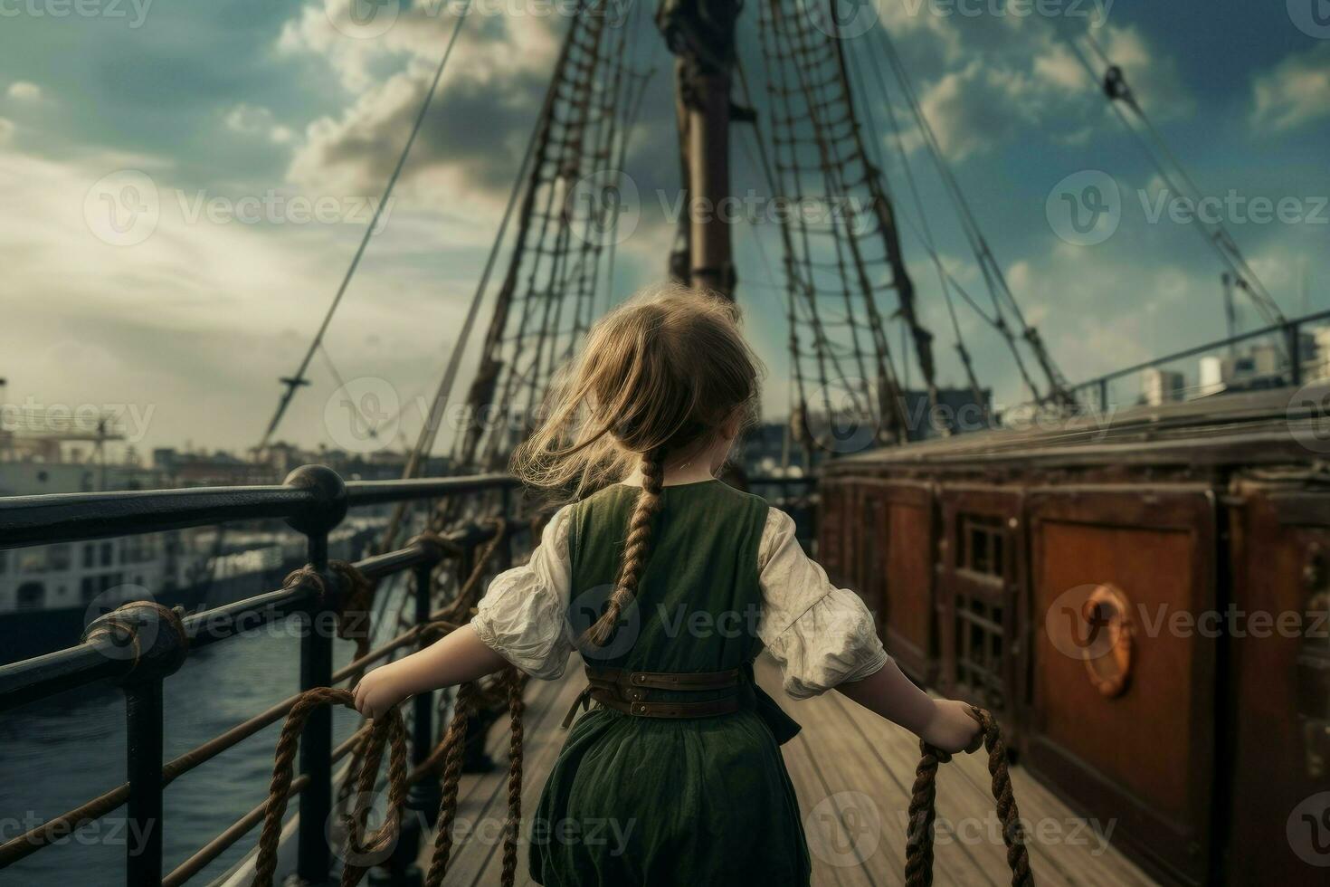 Pirate kid aboard pirate ship. Generate Ai photo