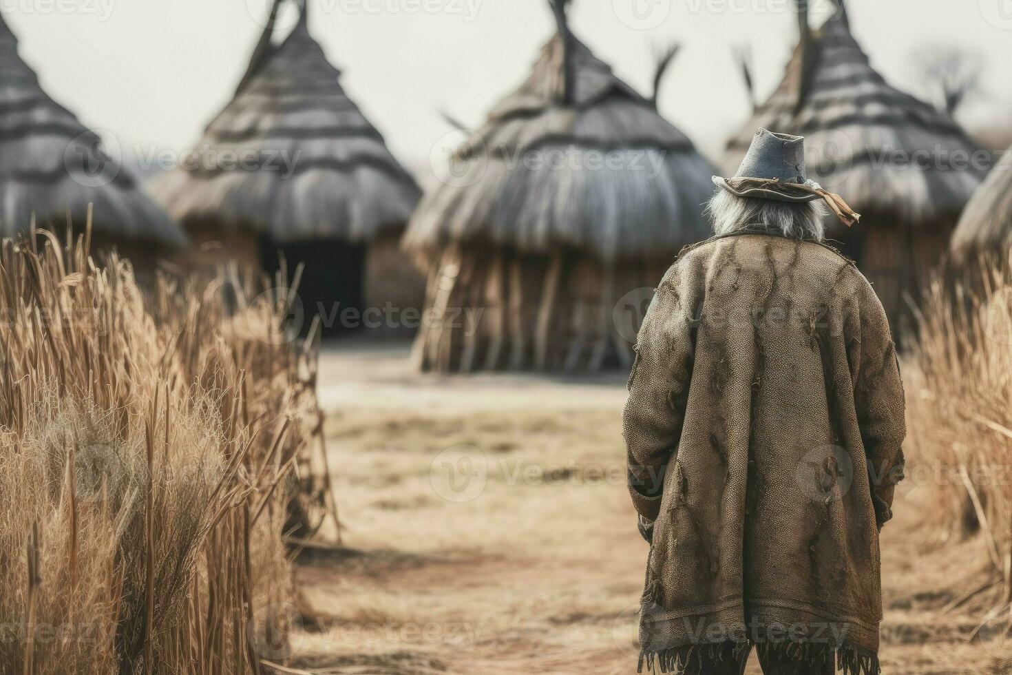 nativo antiguo hombre tejado de paja chozas generar ai foto