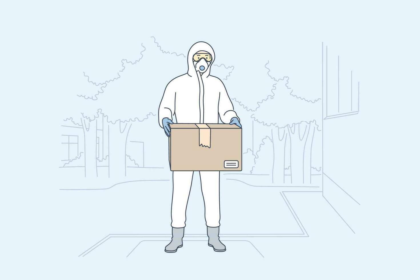 Delivery, covid quarantine, coronavirus, infection concept. Young man or boy supplier witn medical face mask and goggles standing with mail box package. Home food delivery on ncov lockdown. vector