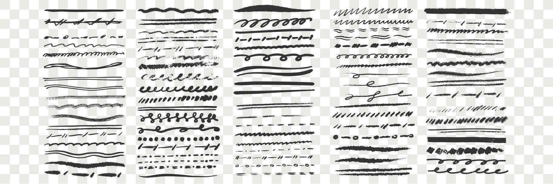 Hand drawn lines set. Collection of doodle underlines or pen underlines pencil hand drawn strokes on transparent. Handmade scribble marker borders illustration vector