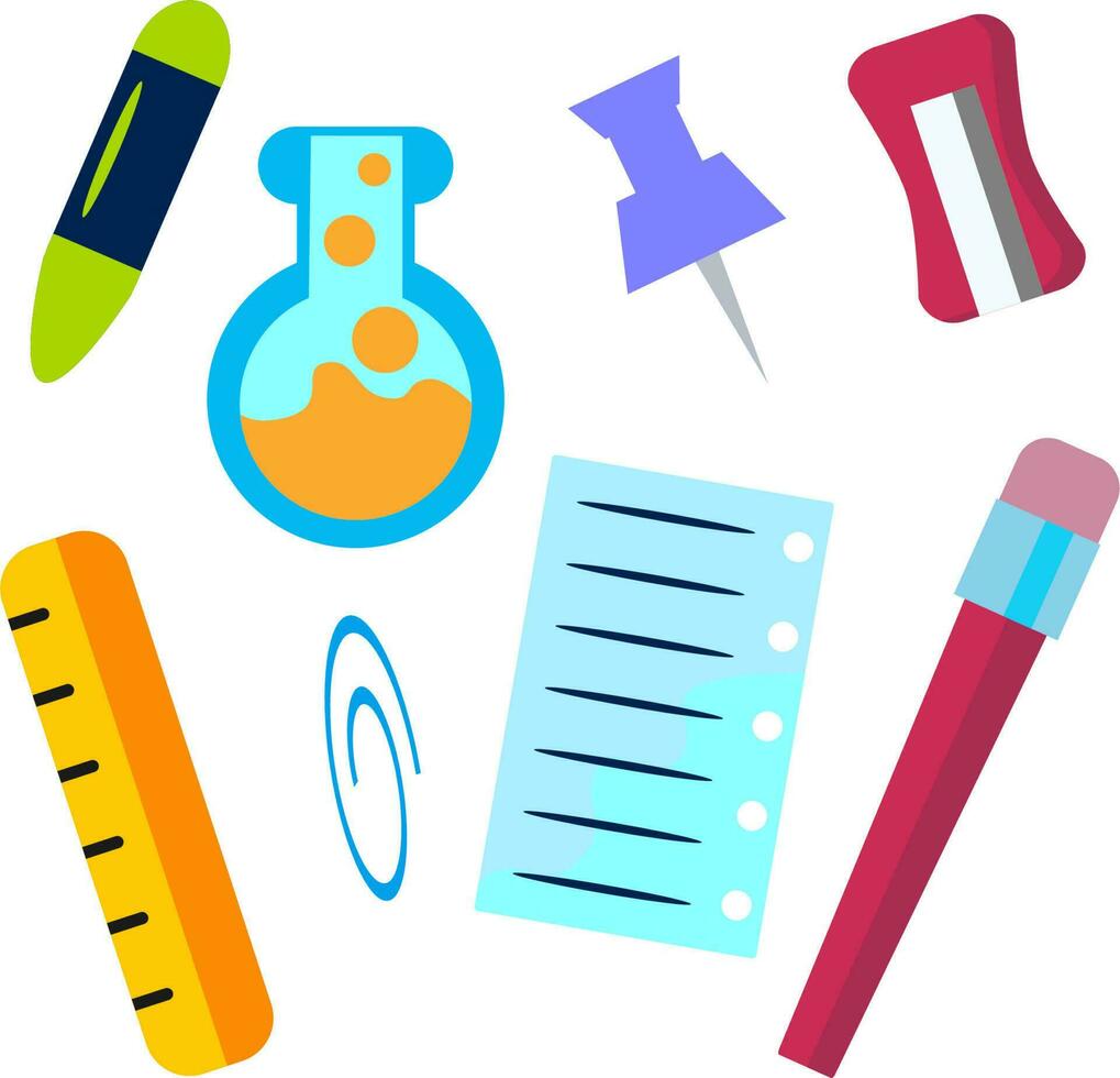 elements for school themed design. illustrations of push pins, test tubes, paper, crayons, rulers, clips, and pencil sharpeners. vector