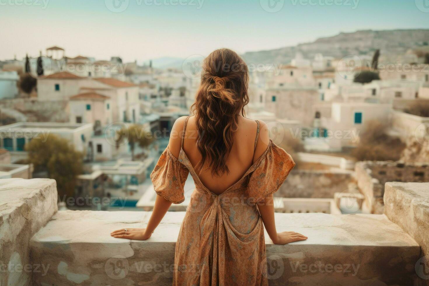 Greek woman ancient city. Generate Ai photo