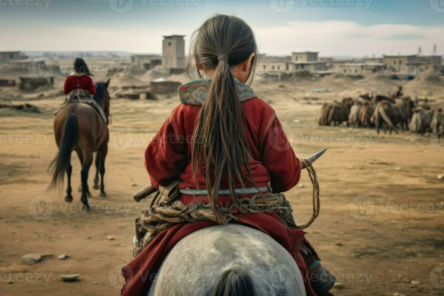 Mongolian ancient girl rider. Generate Ai photo