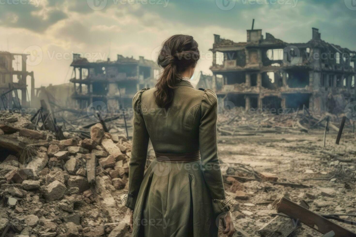 Military sad woman ruined city. Generate Ai photo