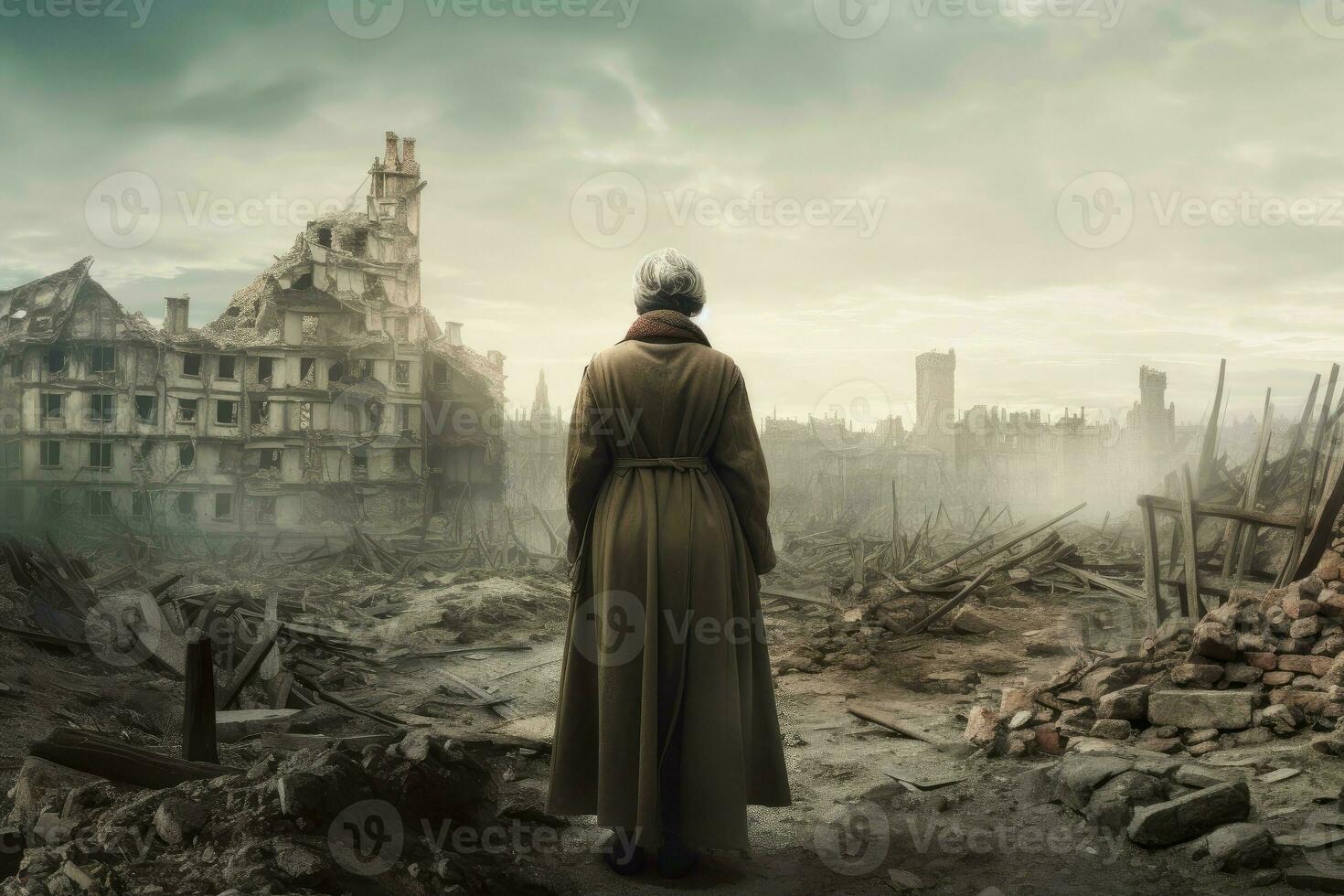 Military old woman ruined city. Generate Ai photo