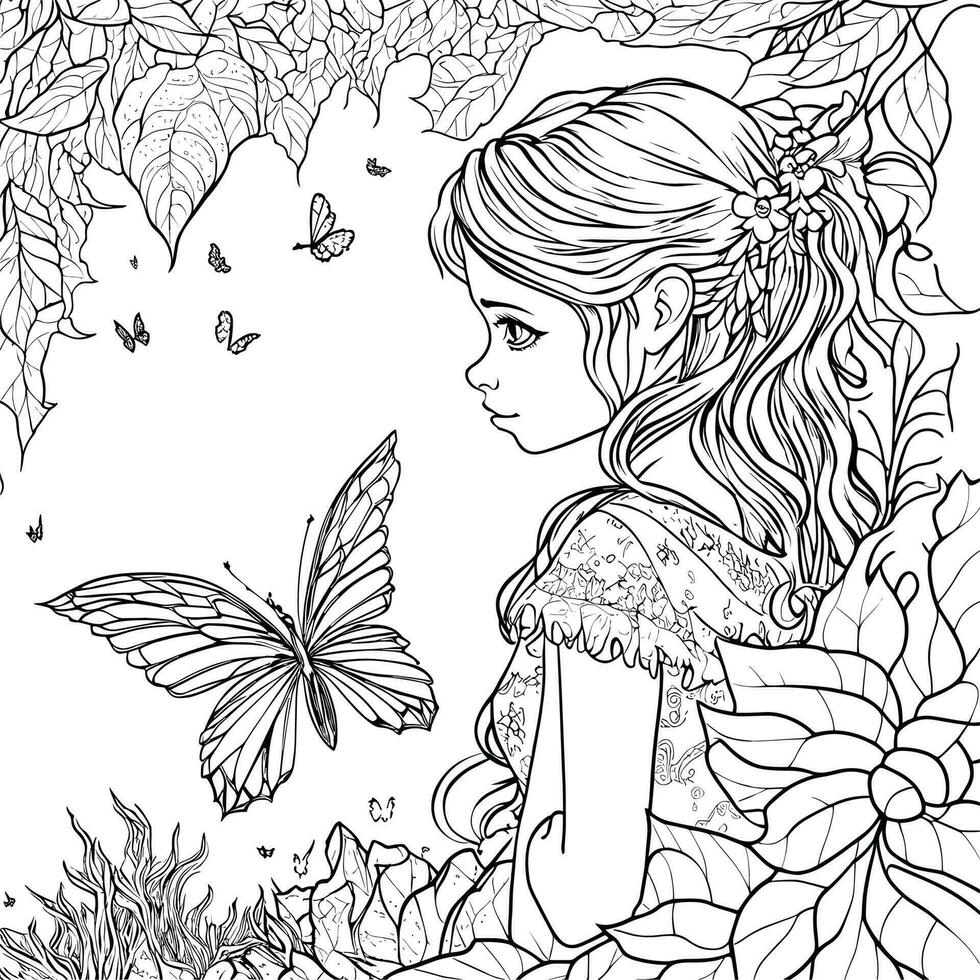 fantasy coloring page for adults - Fantasy Coloring Page For Adults Anti Stress With Beautiful Fairy With Black And White Background Vector 