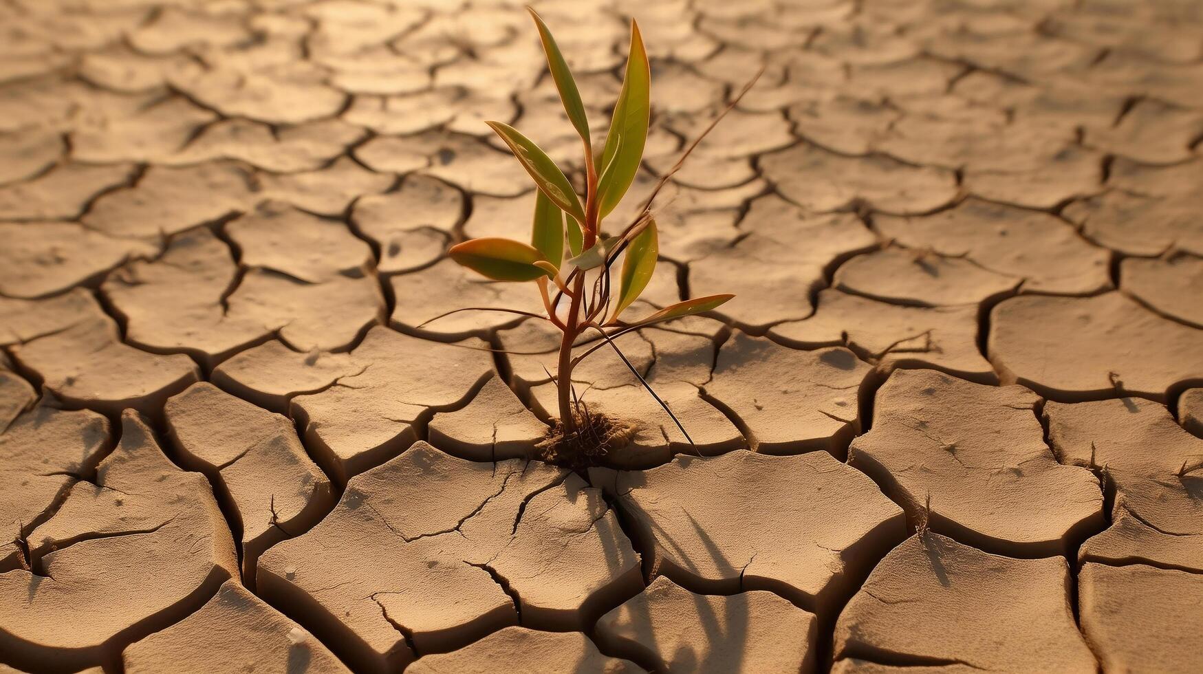 el concepto de ambiental restauracion el crecimiento de plántulas en agrietado suelo, agrietado suelo en el seco temporada afectado por global calentamiento causas clima cambiar, agua escasez generativo ai foto