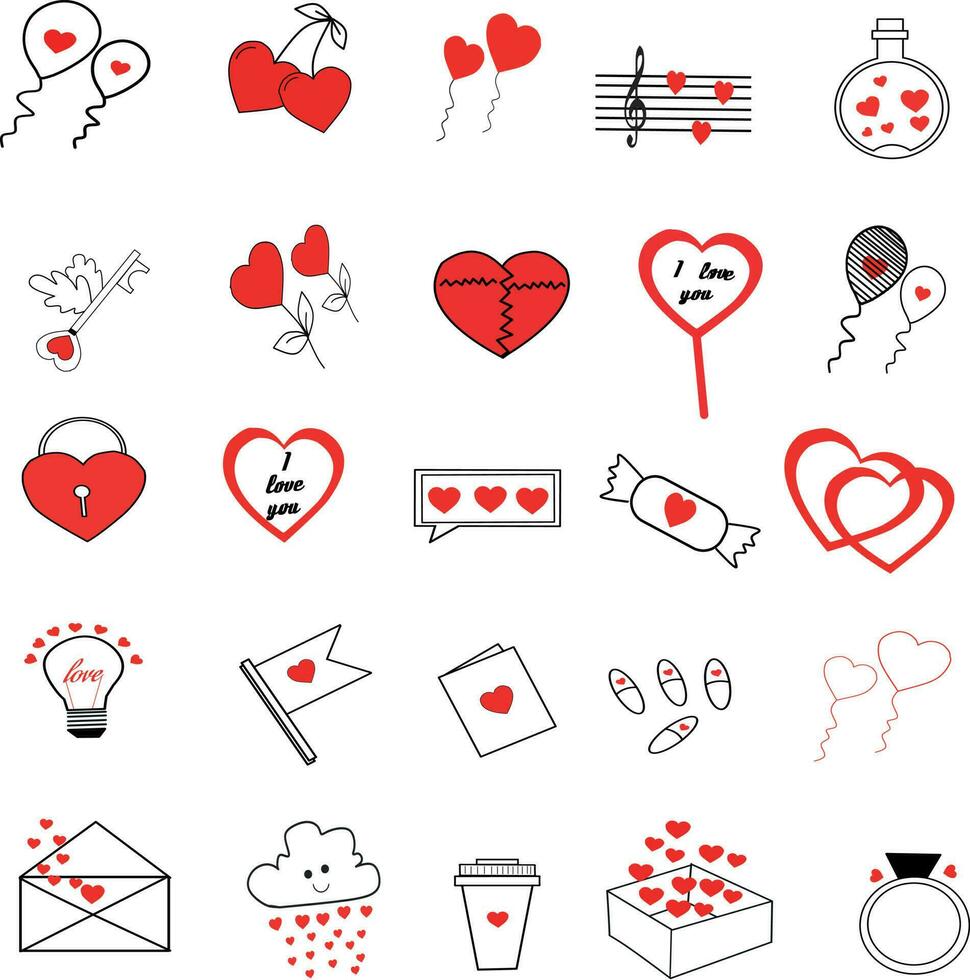 un conjunto de amor garabatos con un rojo toque vector