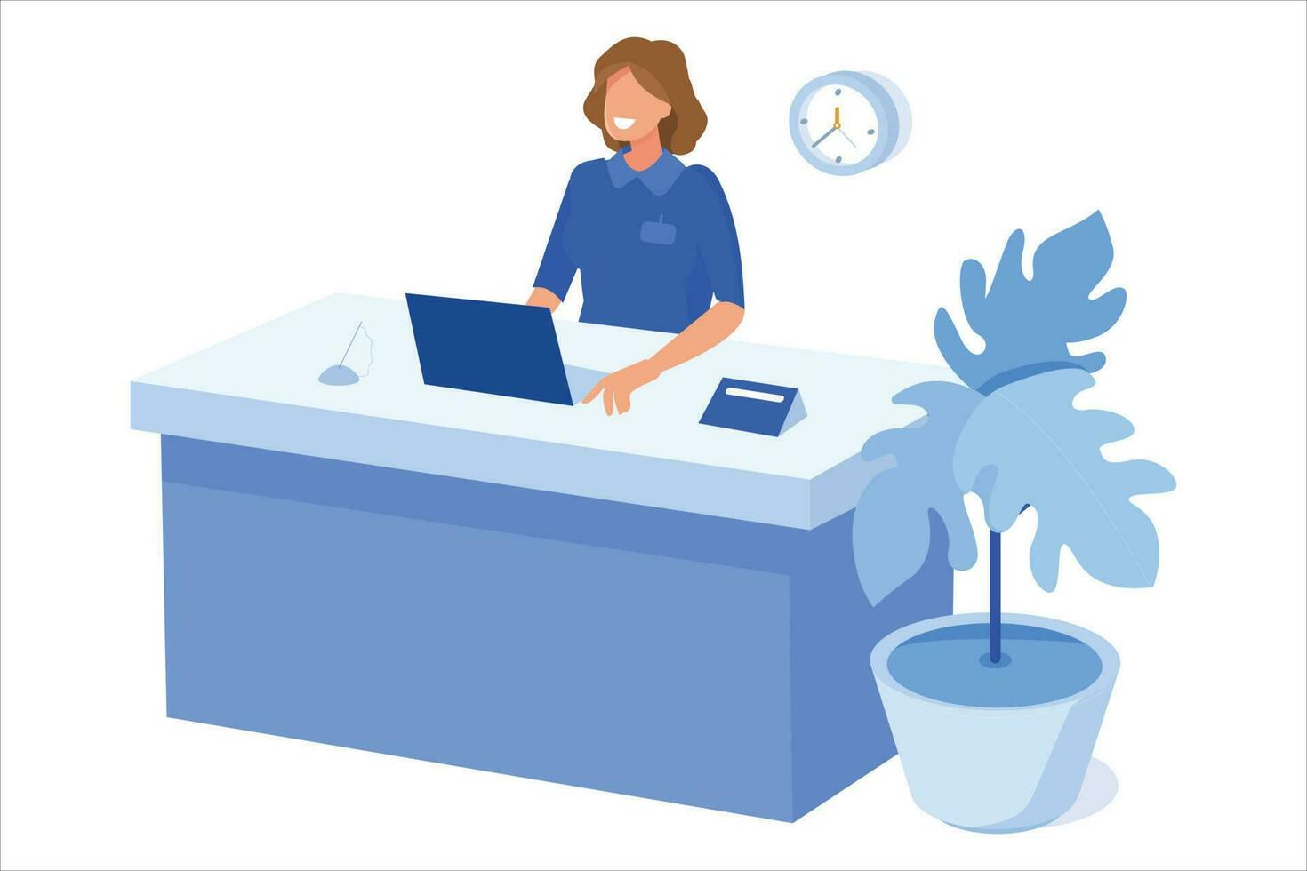 hotel recepción niña trabajo en ordenador portátil vector ilustración