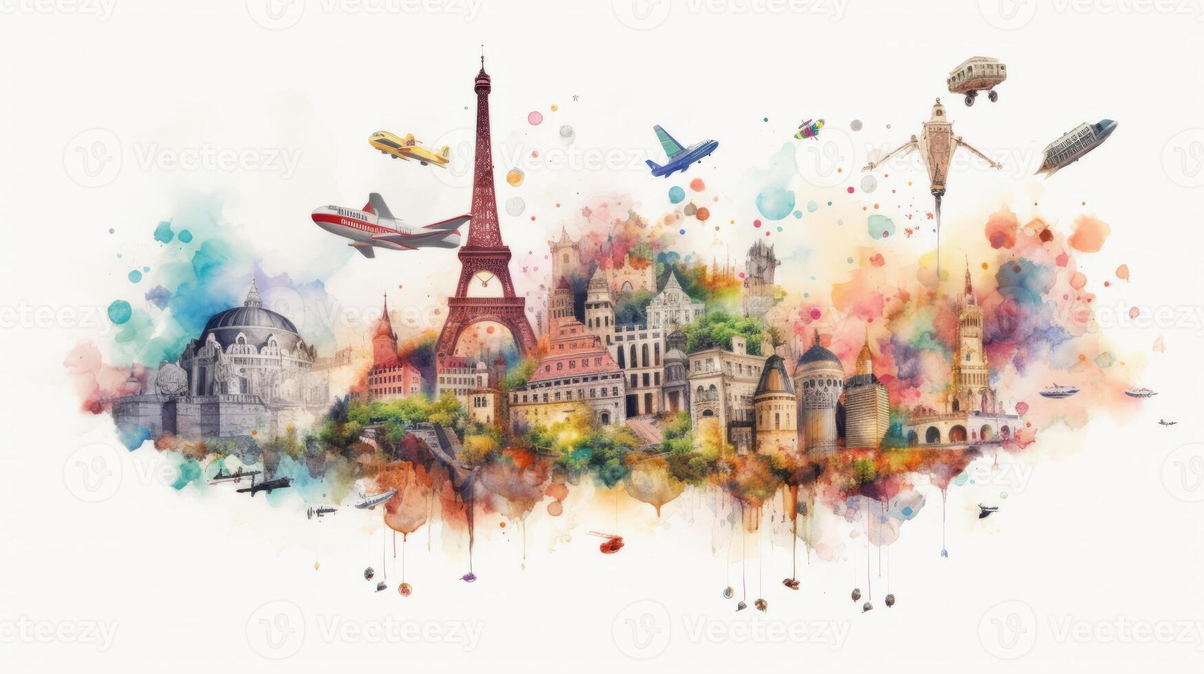 Travel around the world, watercolor, white background scene 24137995 ...