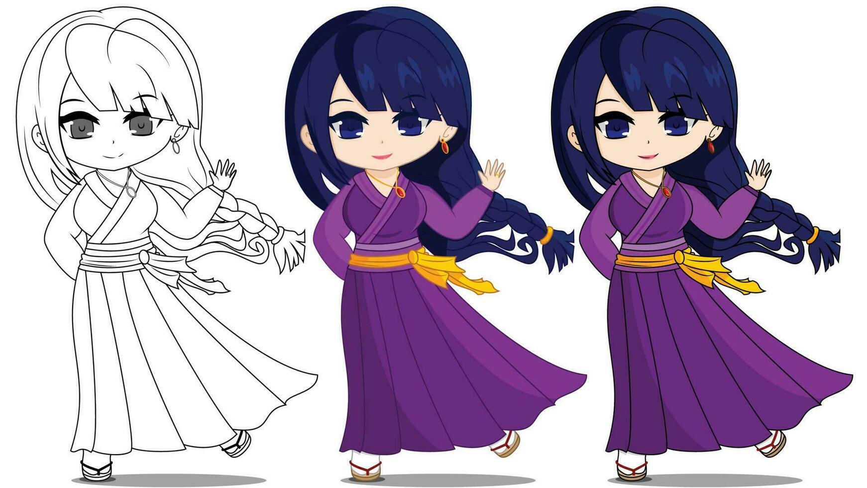 Cute Cartoon Japanese Girl in a Purple Wa Lolita Kimono vector