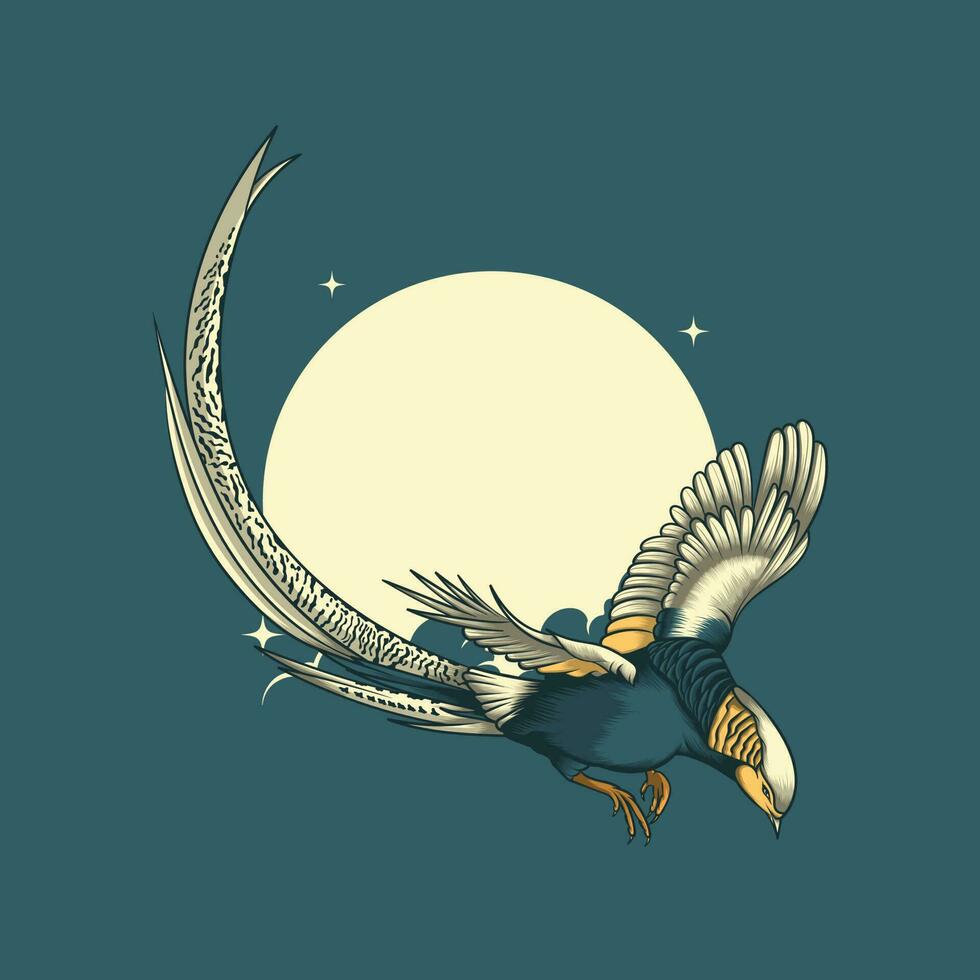 golden pheasant fly with the moon background at night vector