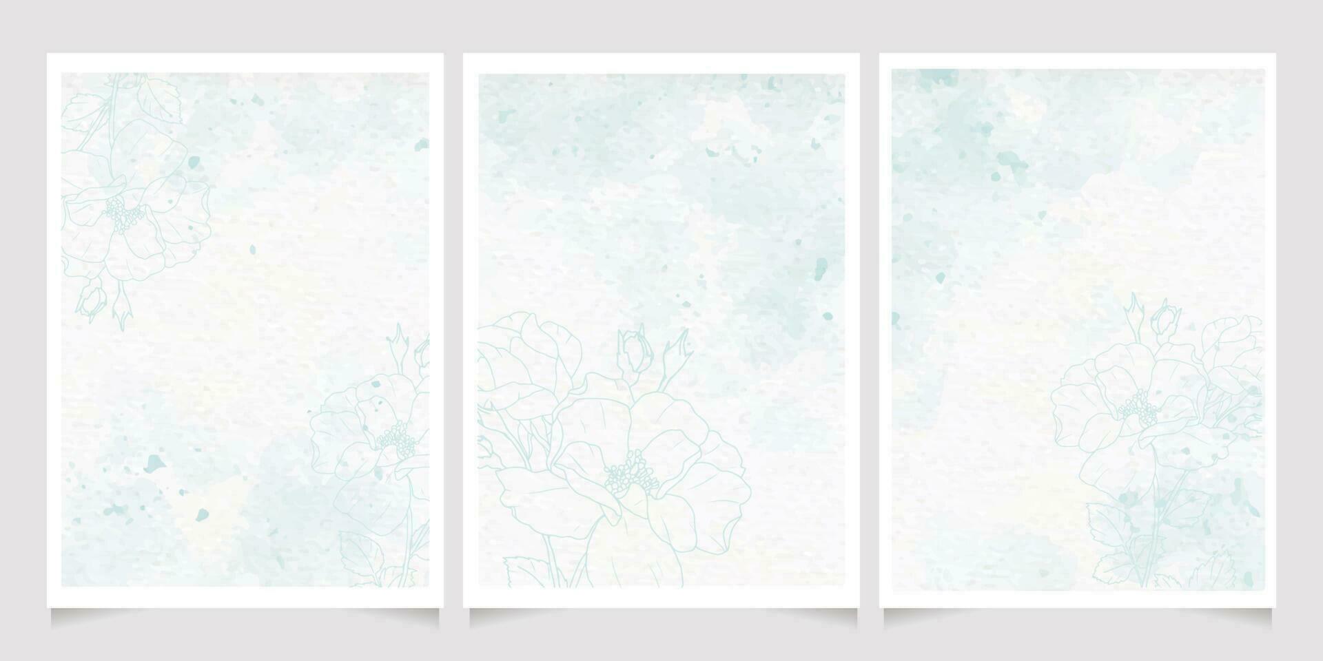pastel green and pink line art rose flower bouquet frame on watercolor wet wash spash background vector