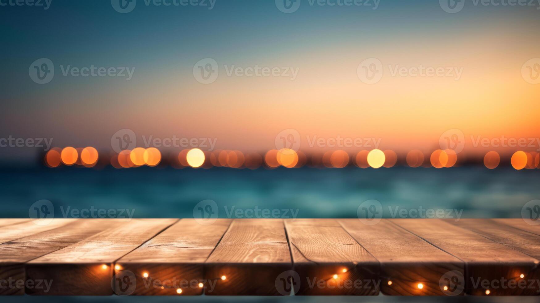 wood table with blur bokeh light sea and sky at beach Summer the hottest season photo