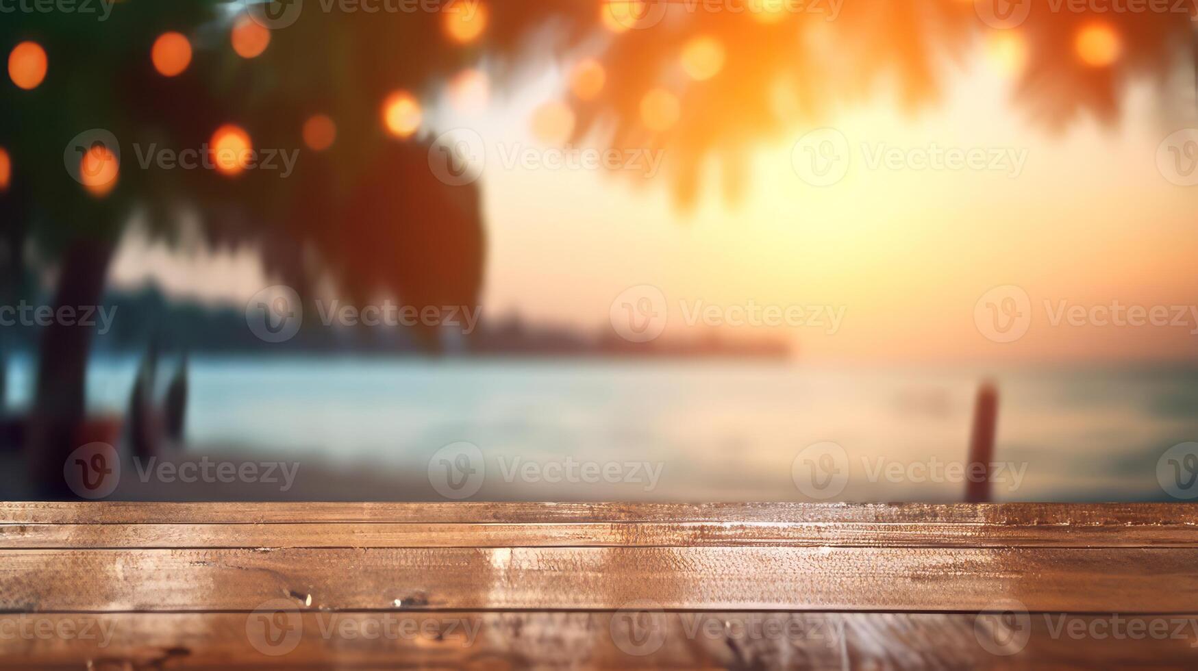 wood table with blur bokeh light sea and sky at beach Summer the hottest season photo