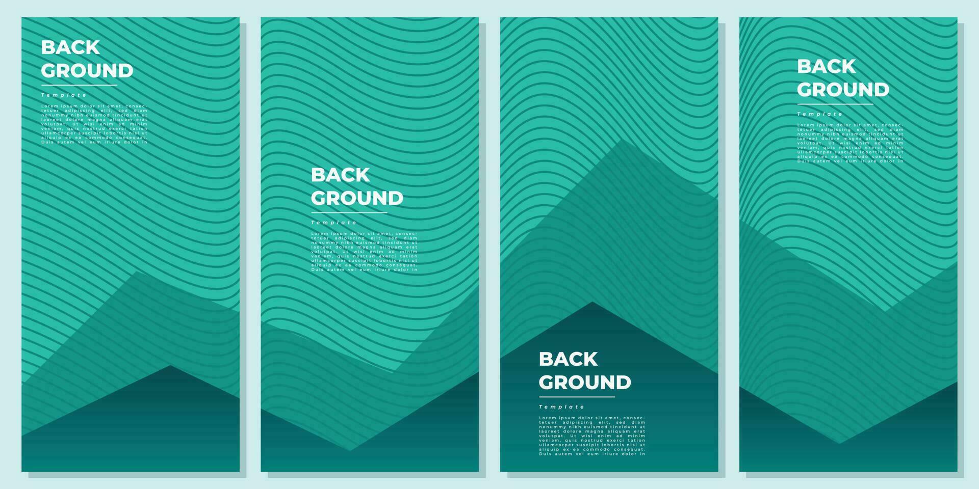 Geometric green background template set copy space. Polygonal backdrop with wavy lines design for poster, banner, flyer, brochure, pamphlet, or leaflet. vector