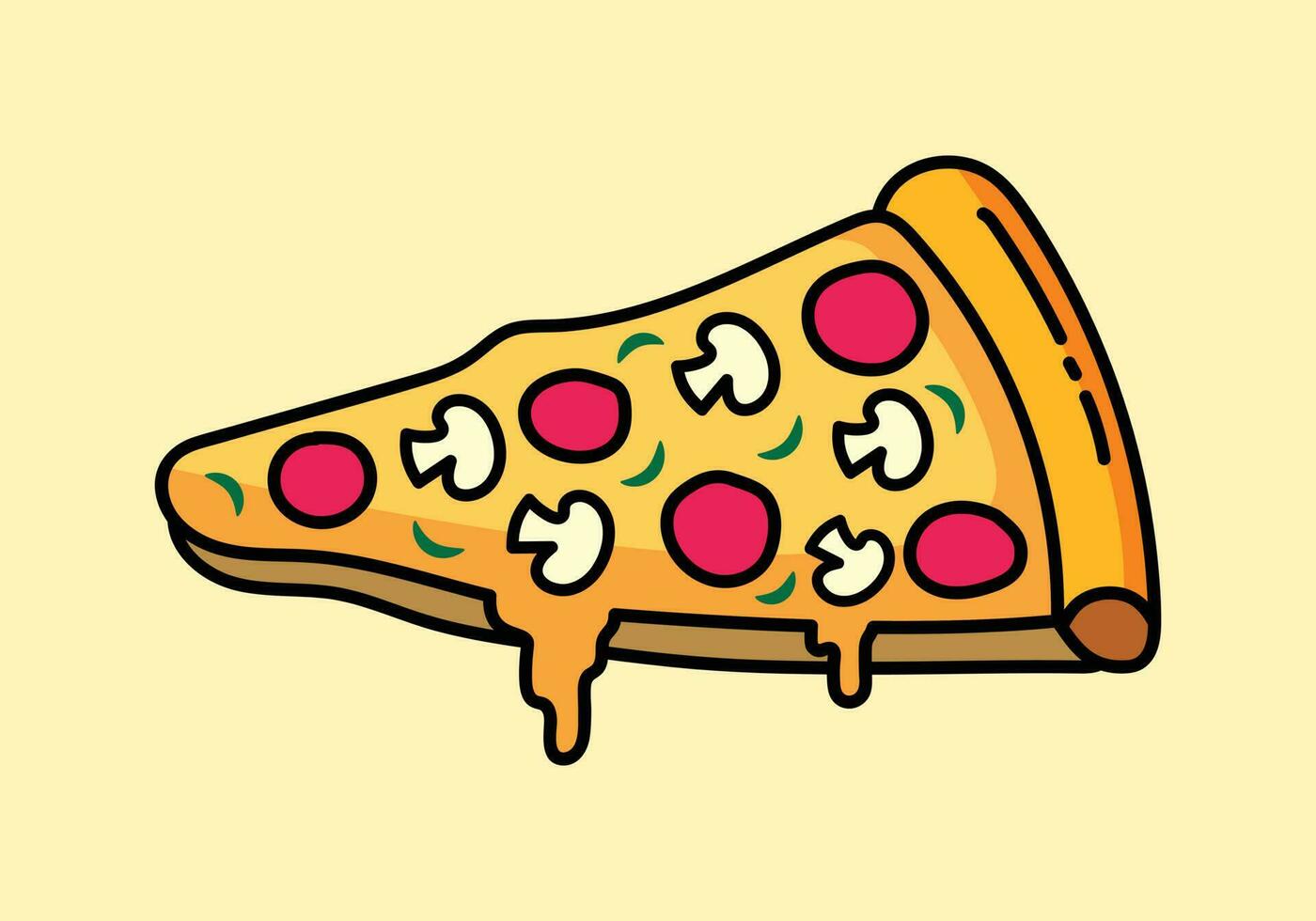 Pizza slice flat vector logo concept. Hand drawn and cartoon style of a pizza with pepperoni and mushroom. Suitable for food related branding or illustration.