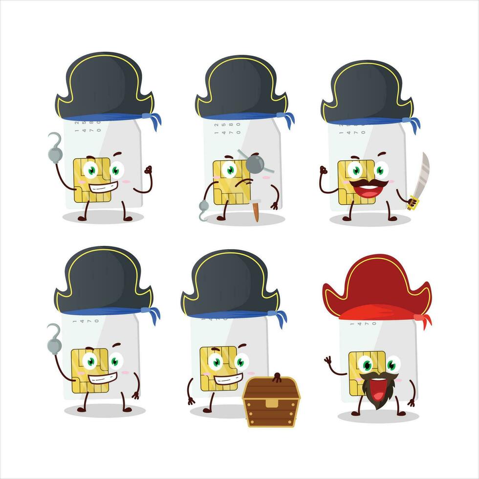 Cartoon character of sim card with various pirates emoticons vector