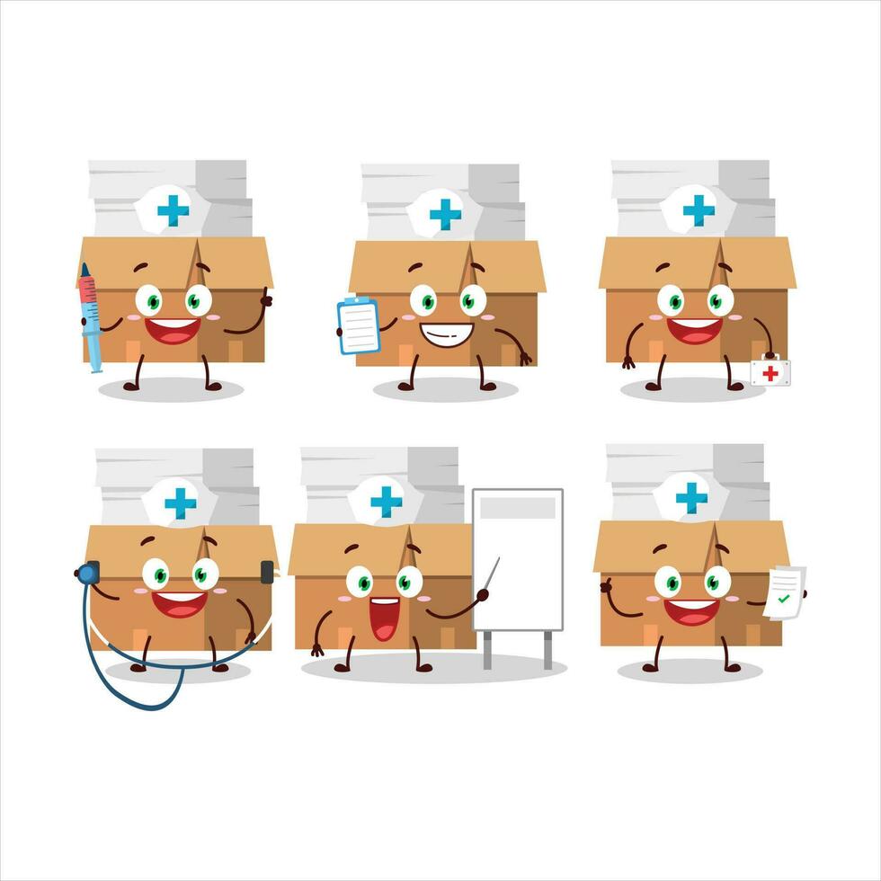 Doctor profession emoticon with office boxes with paper cartoon character vector