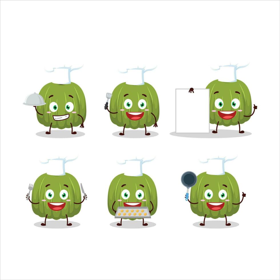 dibujos animados personaje de verde calabaza con varios cocinero emoticones vector