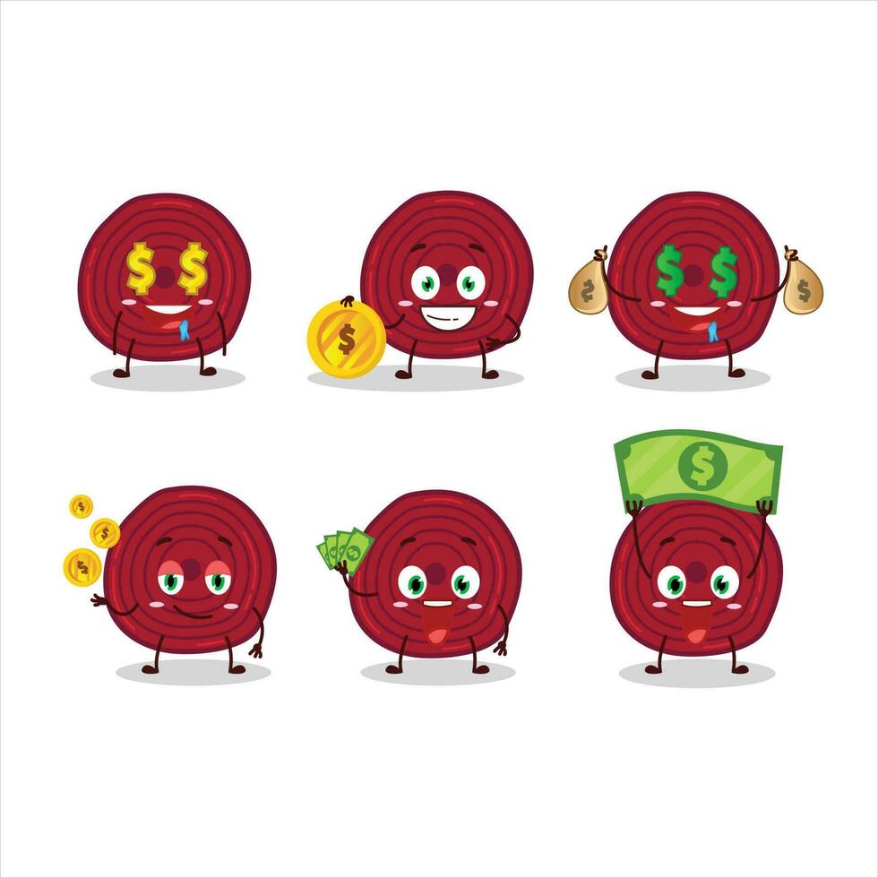 Slice of beet root cartoon character with cute emoticon bring money vector