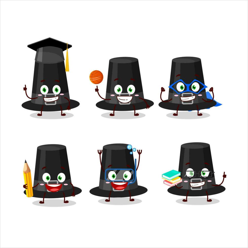 School student of black pilgrims hat cartoon character with various expressions vector