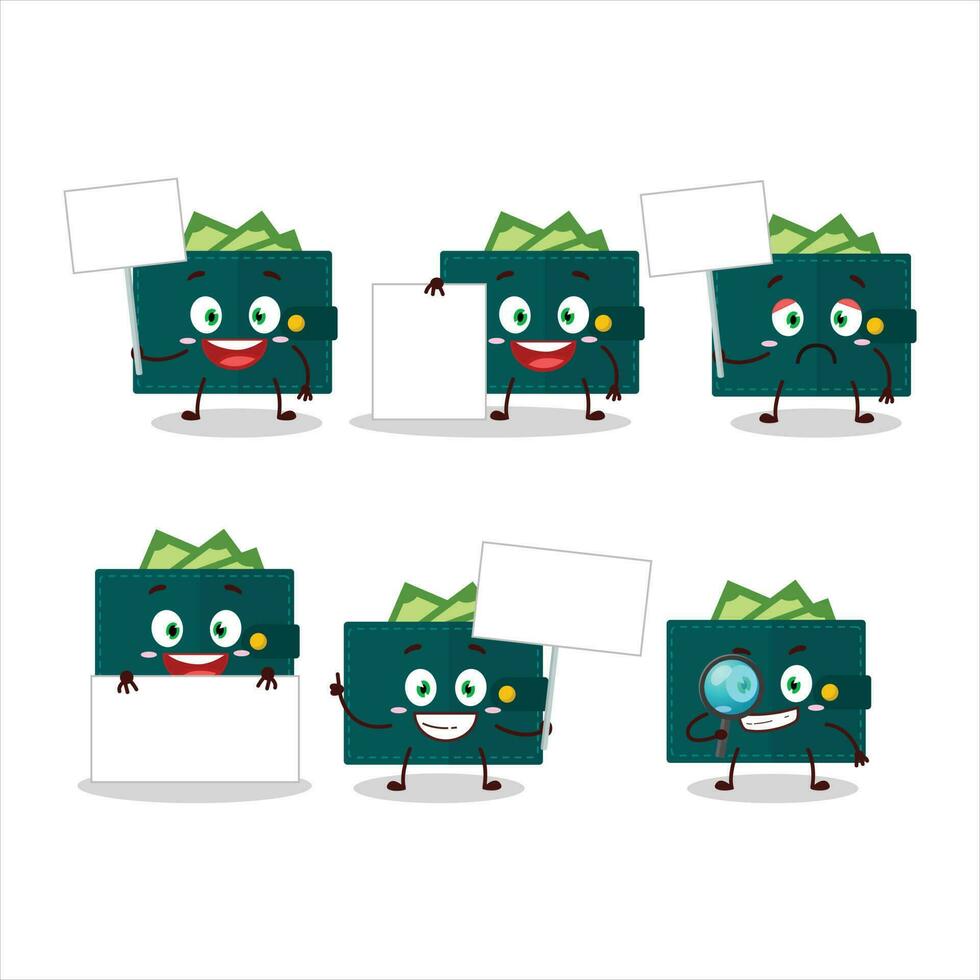 Green wallet cartoon character bring information board vector