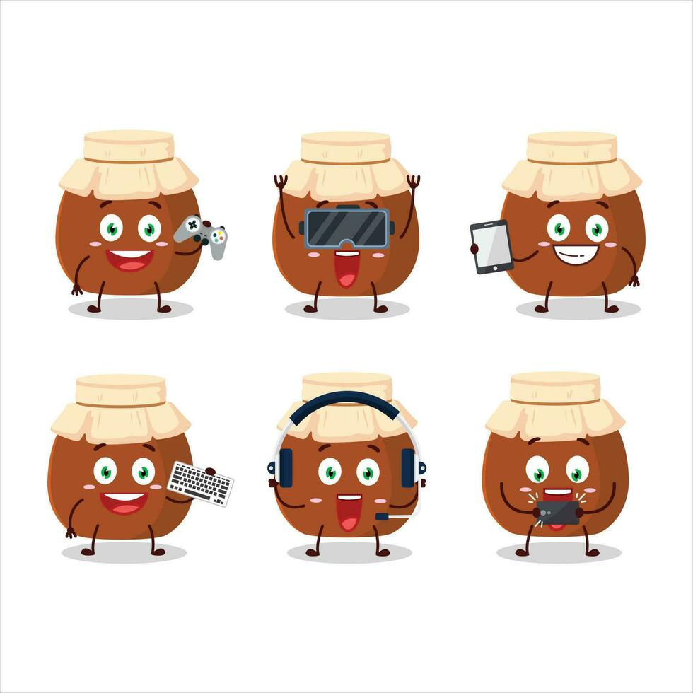 Brown honey jar cartoon character are playing games with various cute emoticons vector