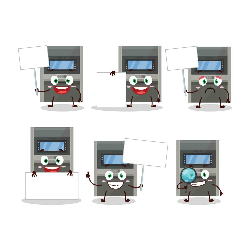 Atm machine cartoon character bring information board vector