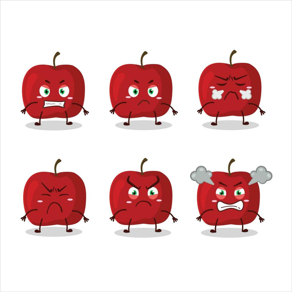 rojo manzana dibujos animados personaje con varios enojado expresiones vector