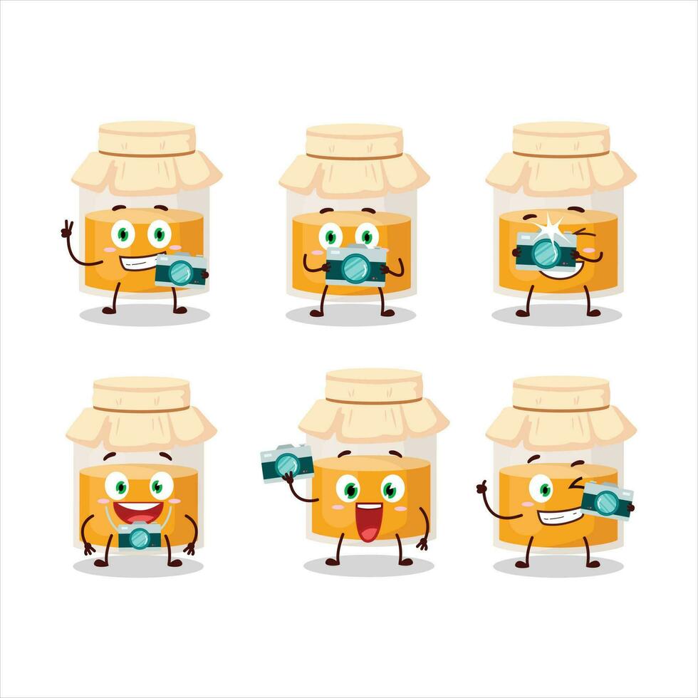 Photographer profession emoticon with white honey jar cartoon character vector