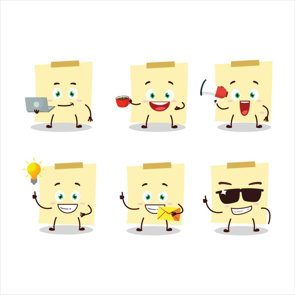 Pale yellow sticky notes cartoon character with various types of business emoticons vector