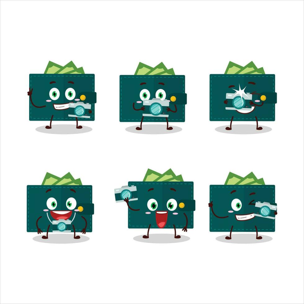 Photographer profession emoticon with green wallet cartoon character vector