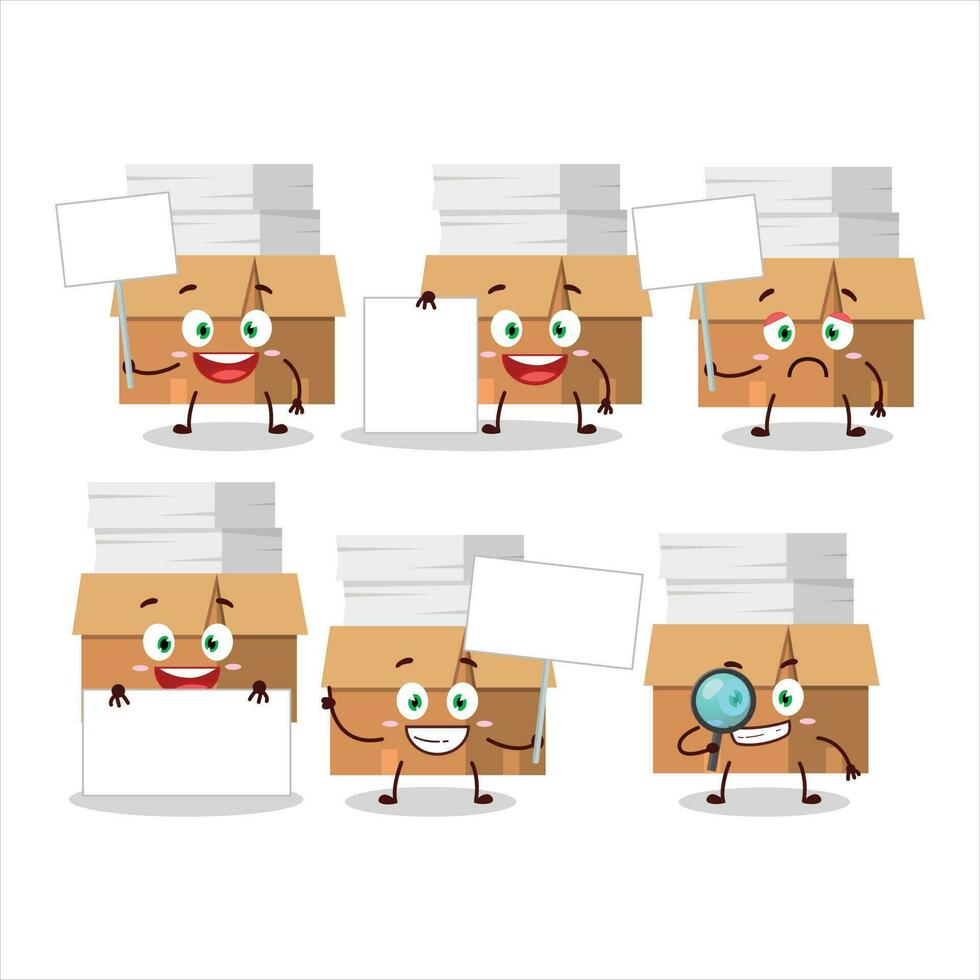 Office boxes with paper cartoon character bring information board vector