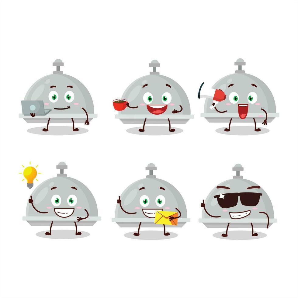 Silver cloche cartoon character with various types of business emoticons vector